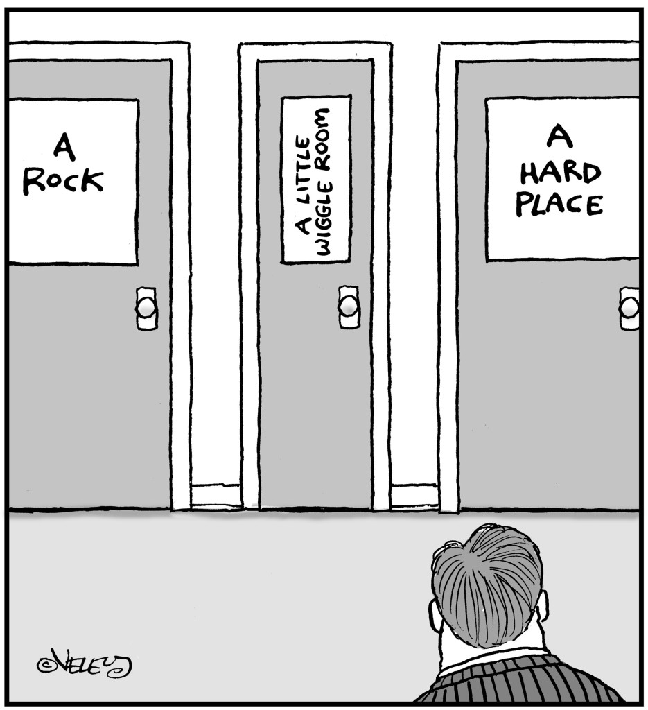 cartoon of man looking at doors 